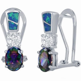 Women's Earrings - Blue Inlay Opal with Round and Oval Shaped CZ | D-5009