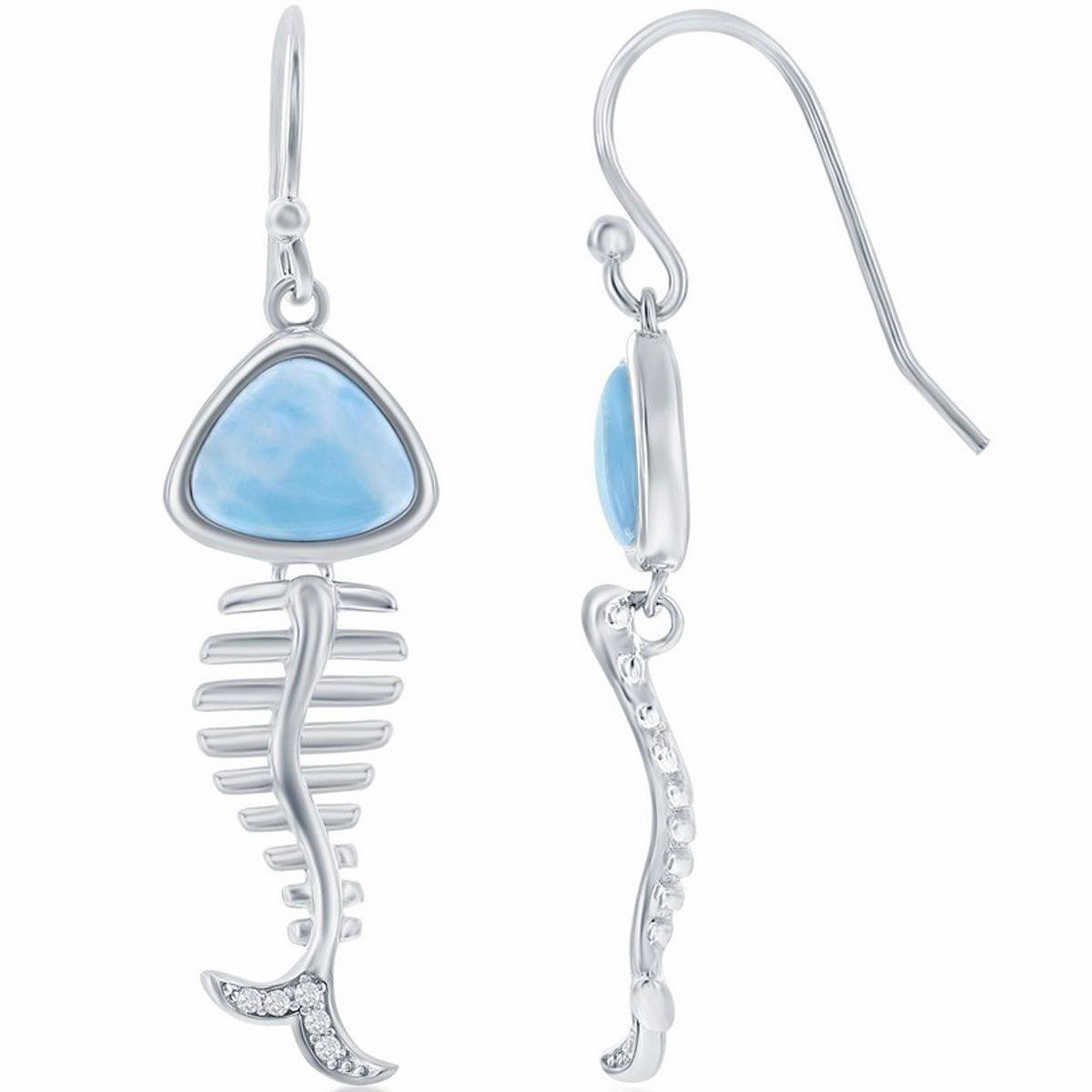 Women's Earrings - Blue Larimar and CZ Fish Skeleton | D-7995
