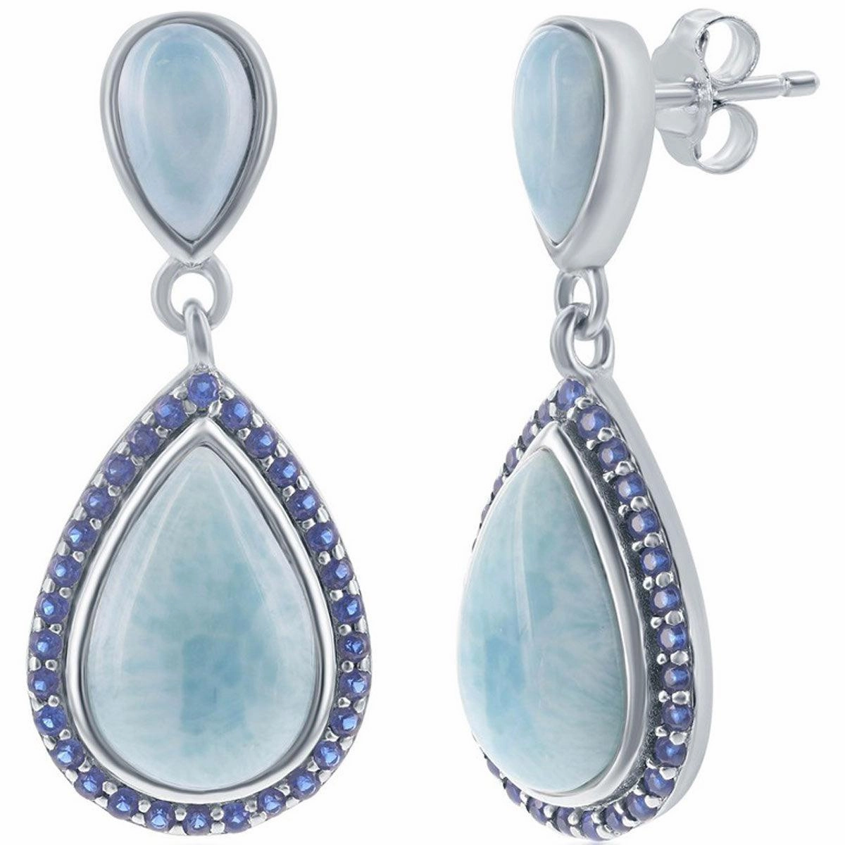 Women's Earrings - Double Pearshaped Blue Larimar and CZ | D-7740
