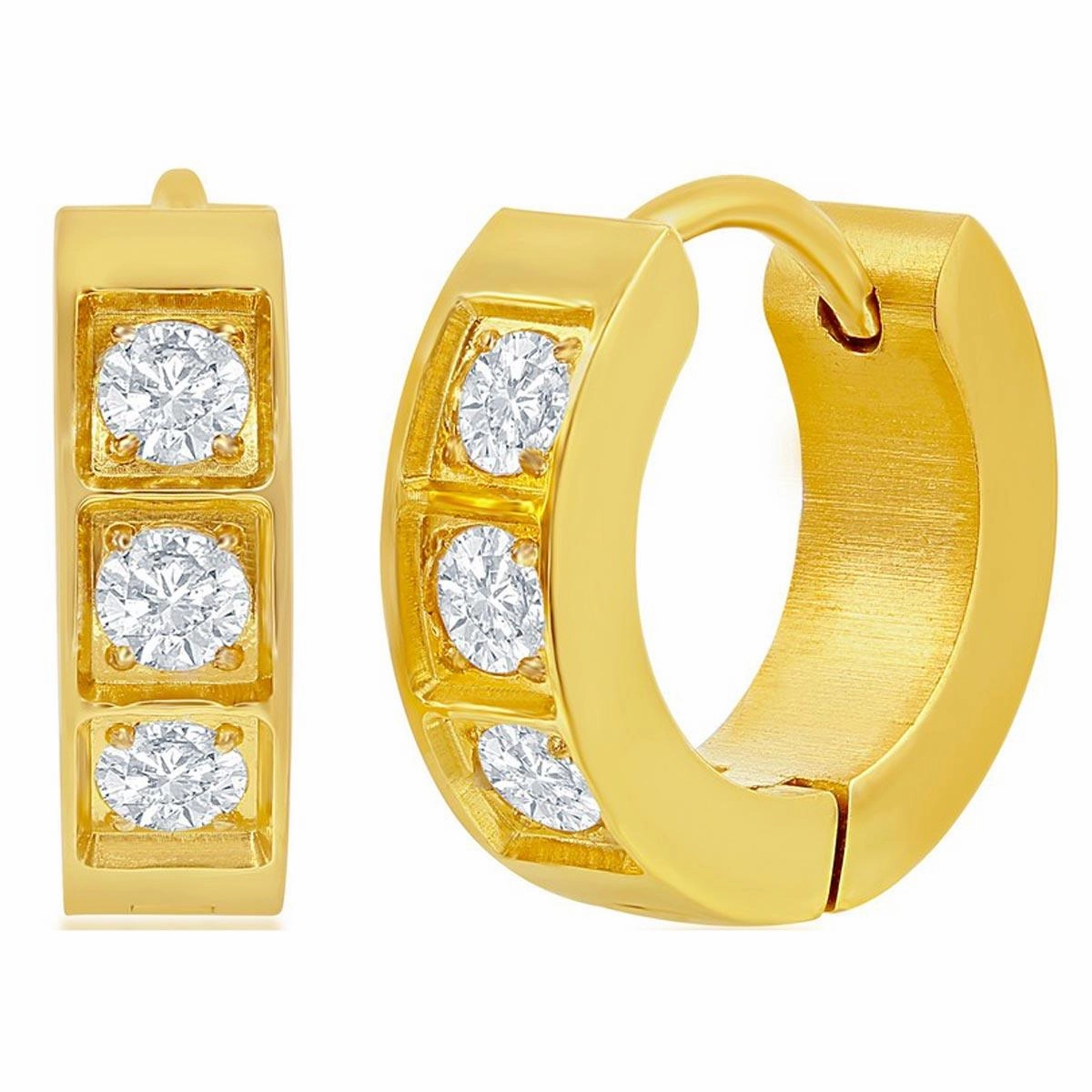 Women's Earrings - Gold Plated Stainless Steel 13mm Huggie Hoop CZ | SA-6075