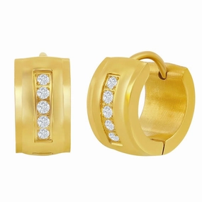 Women's Earrings - Gold Plated Stainless Steel 13x7mm CZ Hoop | SA-6087