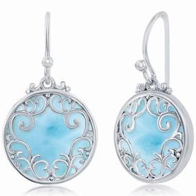 Women's Earrings - Silver Round Larimar Filigree Design | D-7873