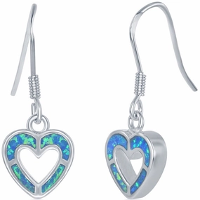 Women's Earrings - Sterling Silver Blue Inlay Opal Open Heart Shape | D-3848