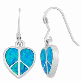 Women's Earrings - Sterling Silver Blue Inlay Opal Peace Sign Heart | D-3874
