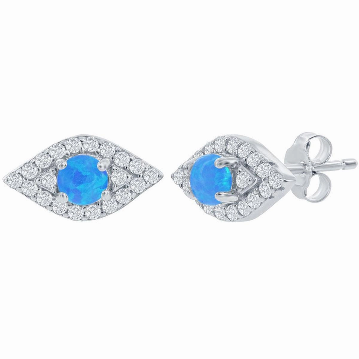 Women's Earrings - Sterling Silver Blue Opal and CZ Evil Eye Stud | D-8348