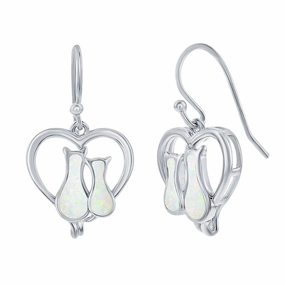 Women's Earrings - Sterling Silver Opal Cats in a Heart Post Back | D-8174