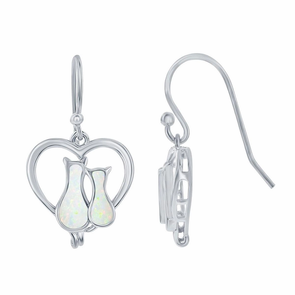 Women's Earrings - Sterling Silver Opal Cats in a Heart Post Back | D-8174