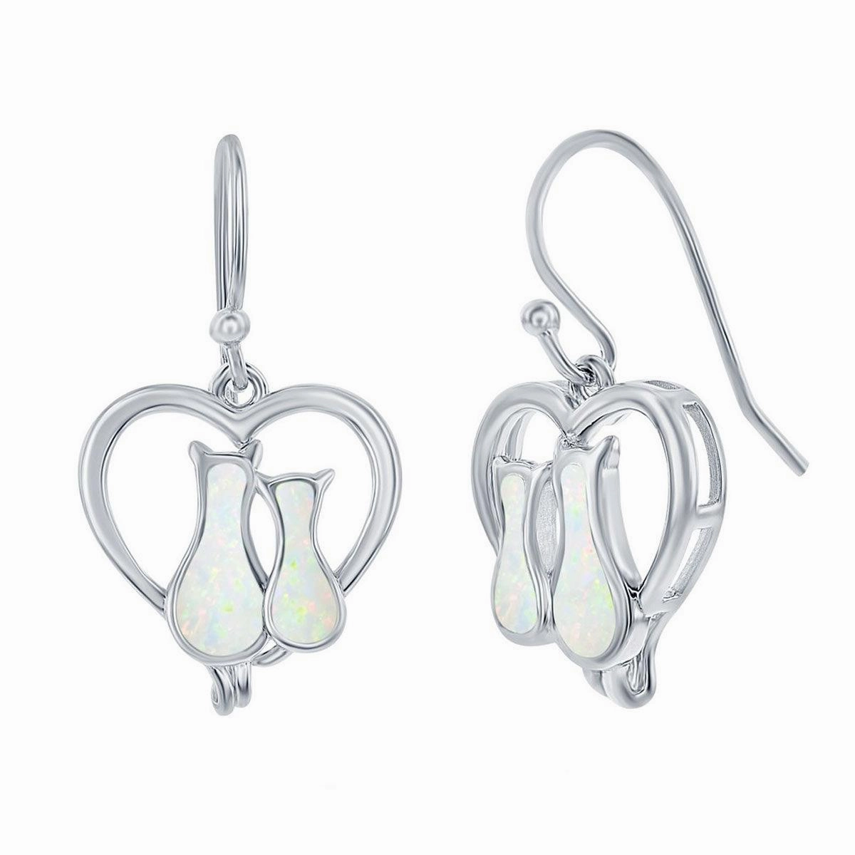 Women's Earrings - Sterling Silver Opal Cats in a Heart Post Back | D-8174