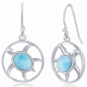 Women's Earrings - Sterling Silver Oval Larimar Turtle | D-7872