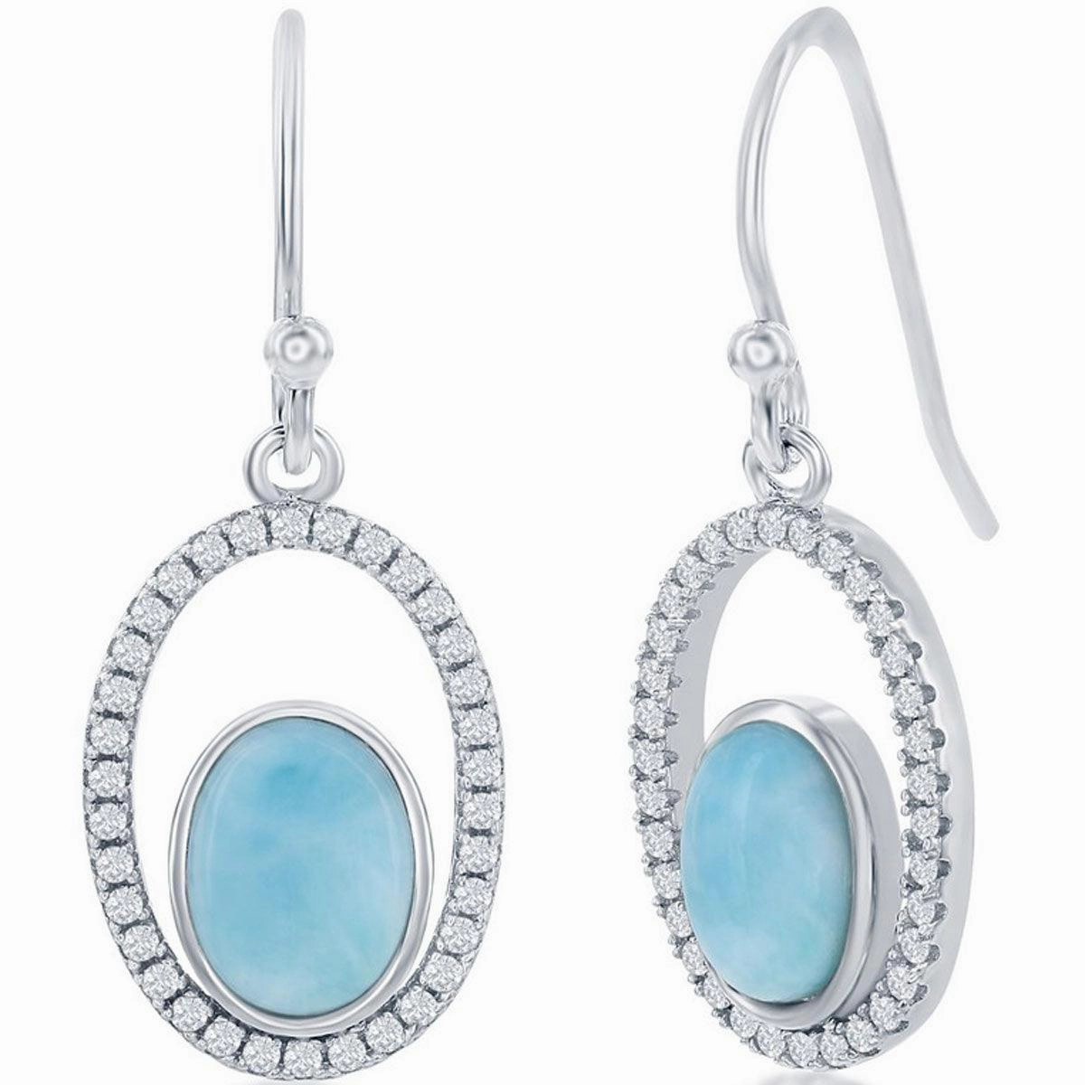 Women's Earrings - Sterling Silver Oval Larimar with CZ | D-7874