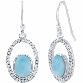 Women's Earrings - Sterling Silver Oval Larimar with CZ | D-7874