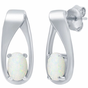 Women's Earrings - Sterling Silver Oval White Opal Long Post Back | D-8175