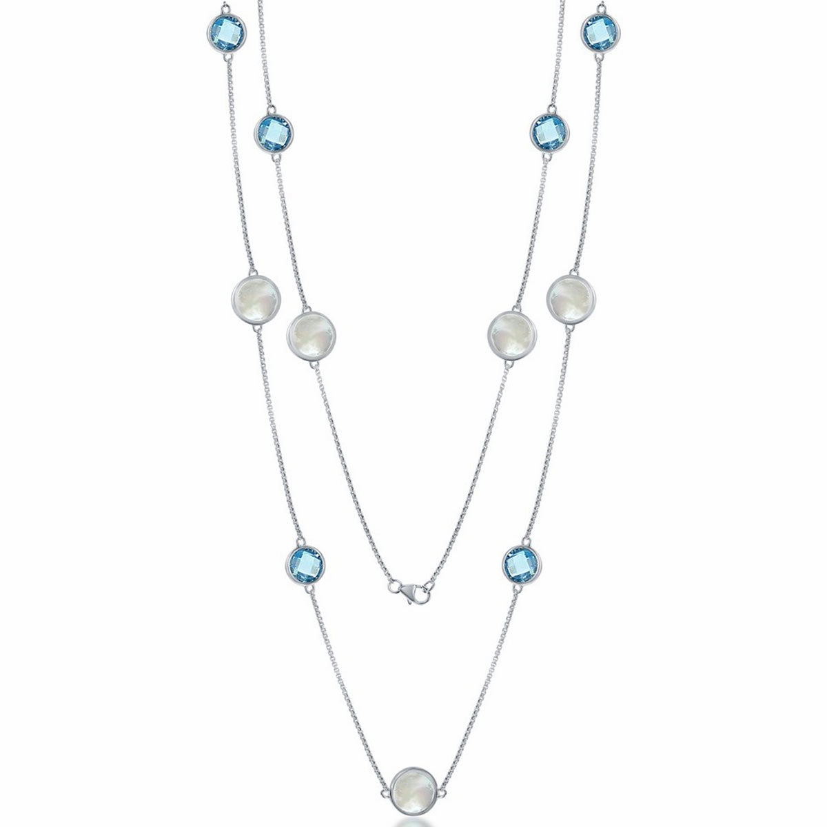 Women's Necklace - Sterling Alternating Round Blue Topaz and MOP | SMM-6934