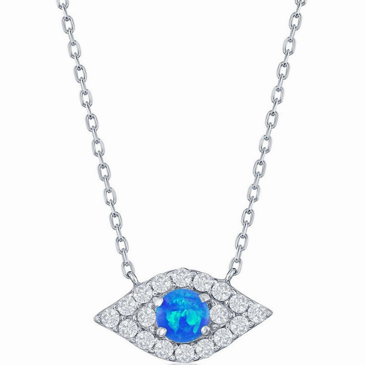 Women's Necklace - Sterling Silver Blue Opal and CZ Evil Eye | M-6882