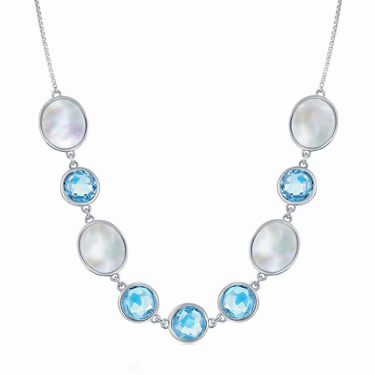 Women's Necklace - Sterling Silver Round MOP and Blue Topaz | SMM-6938