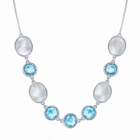 Women's Necklace - Sterling Silver Round MOP and Blue Topaz | SMM-6938