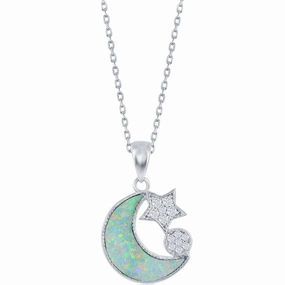 Women's Necklace - Sterling Silver White Opal ad CZ Moon and Star | M-6863